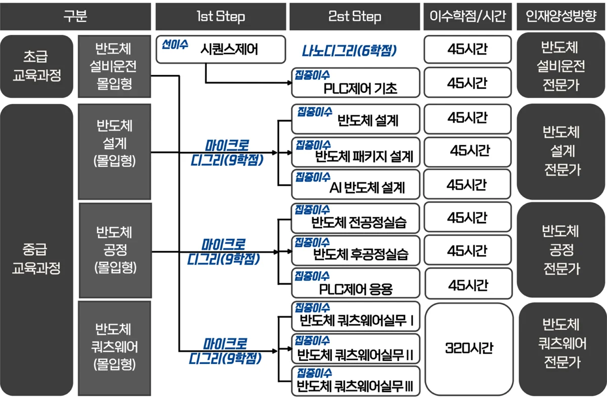 초급 및 중급 교육과정별 1단계(마이크로 디그리) 및 2단계(집중이수) 교육과정 이수체계도. 반도체 설비운전, 설계, 공정, 쿼츠웨어 전문가 양성 방향을 포함함